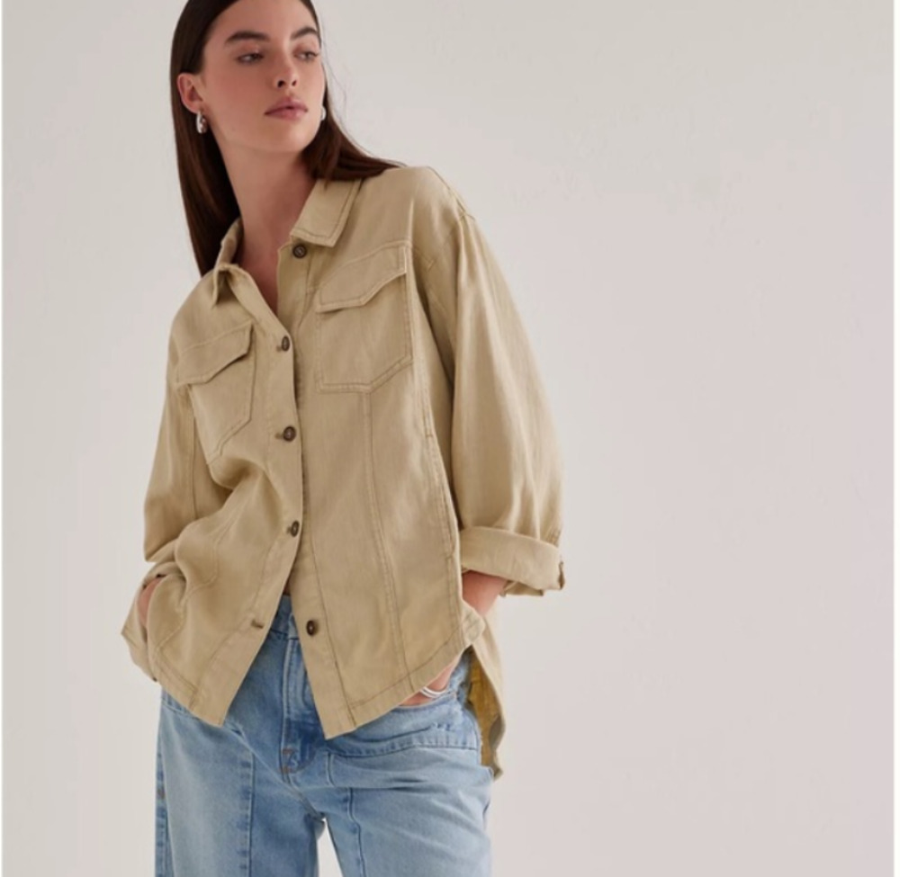 Anthropologie Pilcro Summer Beige Button Down Shirt Shacket Oversized Linen Boho